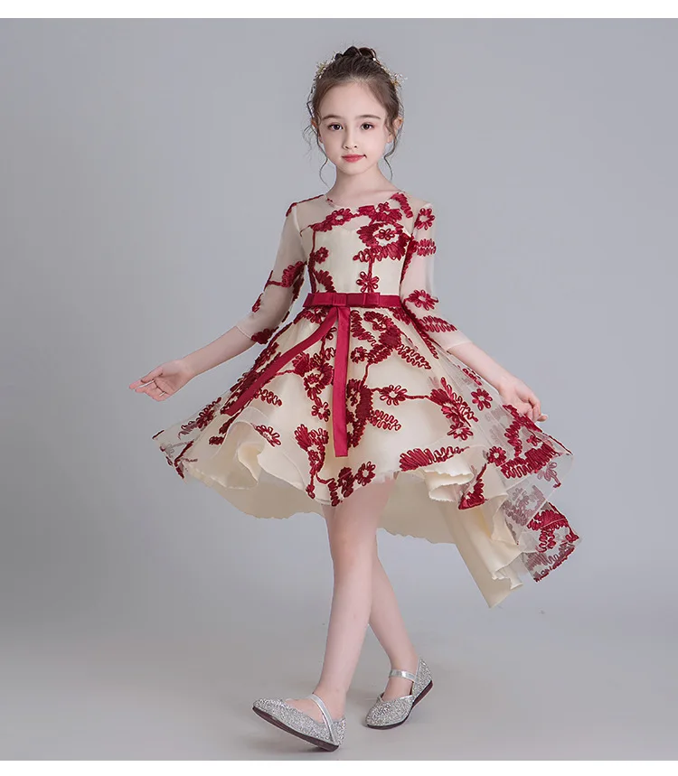 Детское платье принцессы с цветочным узором на год; вечерние платья с вышивкой и шлейфом; платье с рукавами для дня рождения и вечеринки