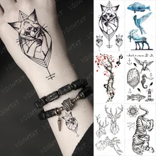 Waterproof Temporary Tattoo Sticker Three-eyed Cat Tiger Deer Linear Geometric Black Tatoo Hand Small Flash Tato Man Woman Child