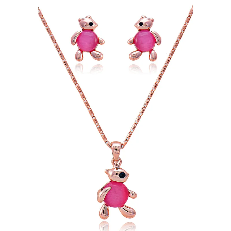 

Viennois Bela Europe And America Cross Border Hot Sales Jewelry Set Pink Bear Modeling Opal Necklace Earrings Accessories