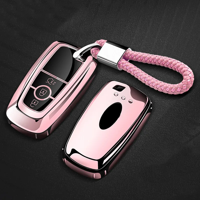 Pink with chain ТПУ чехлы для ключей чехол для Ford Mondeo нового эскорт Edge Focus Taurus Ecosport ключ защиты авто аксессуары - Название цвета: Pink with chain