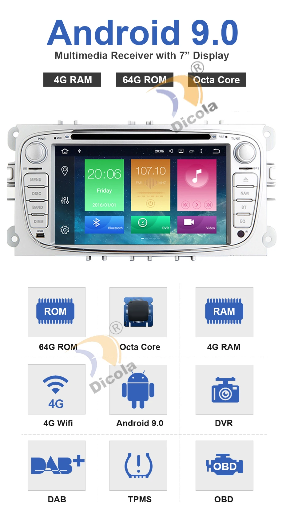 2 din " ips 4G+ 64G Android 9,0 автомобильный DVD мультимедийный плеер для FORD Focus Mondeo S-MAX C-MAX Galaxy радио 2din gps Navi Стерео ПК