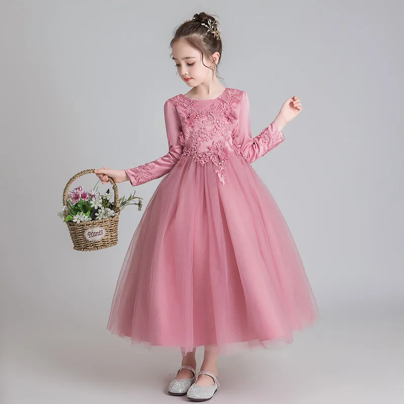 Сетчатый костюм принцессы с длинными рукавами; сезон осень-зима; платье-пачка принцессы с цветочным узором для девочек; детское платье для дня рождения и свадьбы