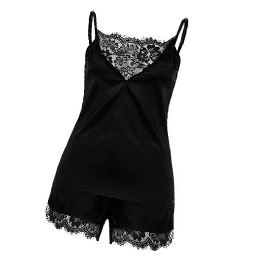 Women's Black Sexy Lace Satin Sleepwear Cami Top and Shorts Pajama Set