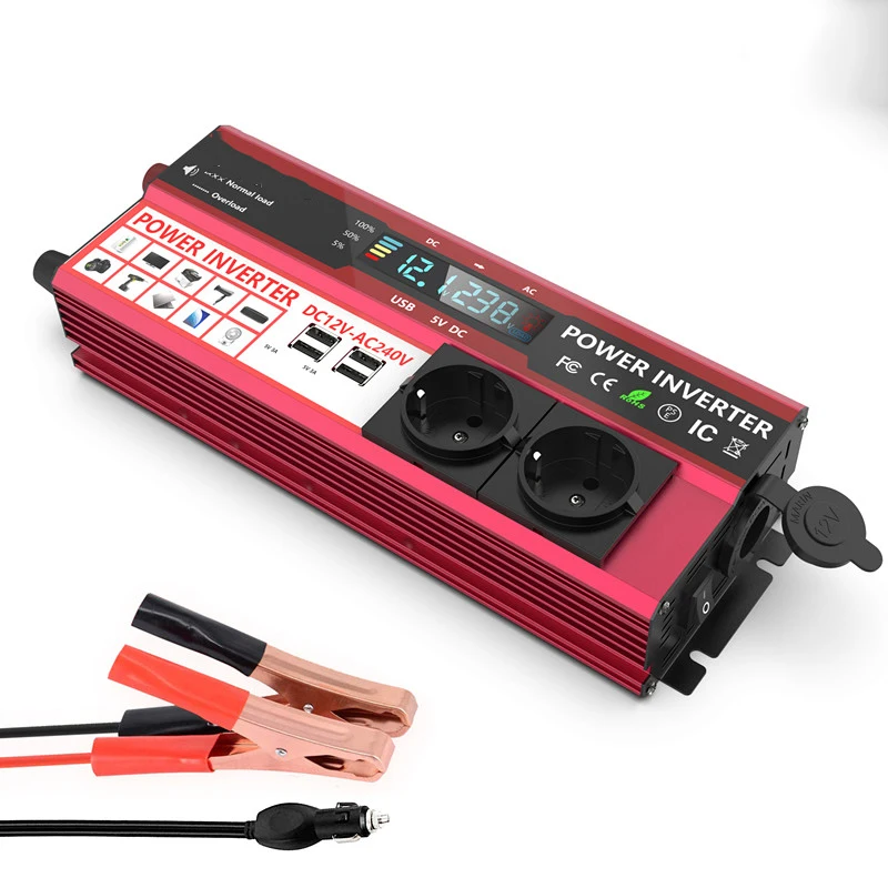 

Car Power Inverter DC12/24V To AC110/220V Sine Wave Converter Digital Display 4 USB Interfaces 2000W Peak Power Solar Home Use