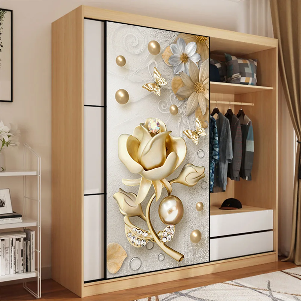

Chinese Style Door Stickers, Door Decoration, 3D Wallpaper, Gold Flower, Wardrode Door Decor, 2021