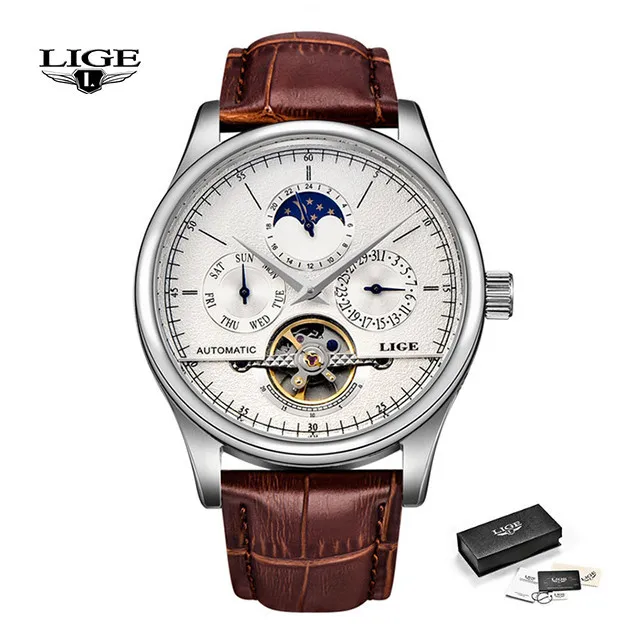Новинка, LIGE, синие кожаные часы для мужчин, двойные Tourbillon, механические мужские часы, Топ бренд, Роскошные автоматические часы, мужские часы+ коробка - Цвет: silver white