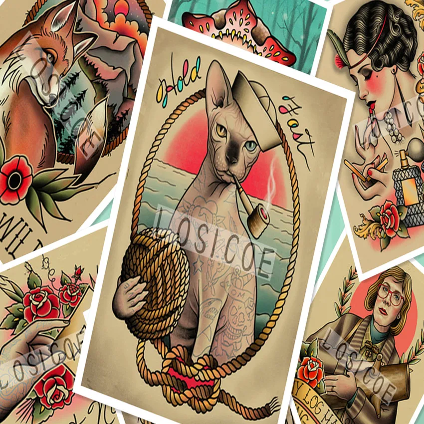 

Vintage Hairdresser Tattoos Patterned Posters Kraft paper Interior Painting Restoring Wall Sticker Barber shop Home Decoration y