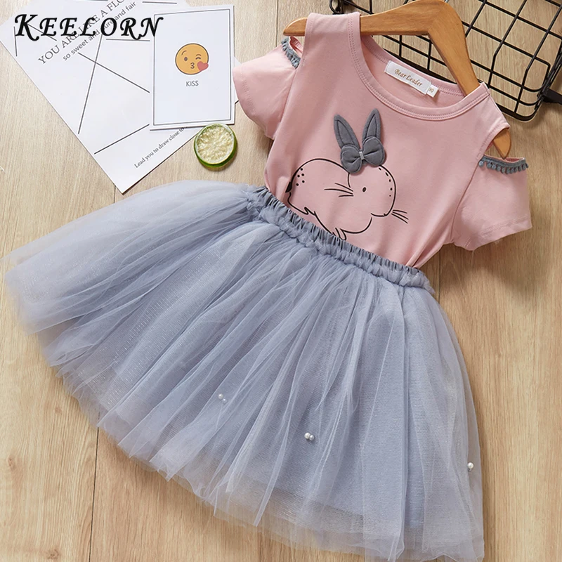 Keelorn/платье для девочек коллекция года, брендовая детская одежда белая футболка с короткими рукавами и рисунком+ платье с вуалью 2 предмета, одежда для маленьких девочек, для От 2 до 6 лет