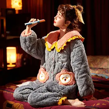 

Thick Warm Flannel Pajamas Sets for Women Winter Pajama Set Long Sleeve Full Trousers Female Pyjama Girl Sleepwear