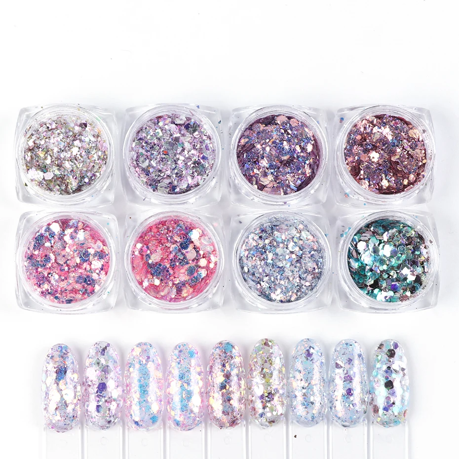 

8Box/Set Mixed Designs Holographic Nail Glitter Set Powder Christmas Nail Art Sequins Decorations Dust Manicure Pigment LE1506