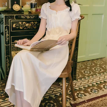 

High quality Elegant Vintage 90S Dress Summer Puff Sleeve Square White Party Beach Holidy Vacation A Line Long Dress Vestidos