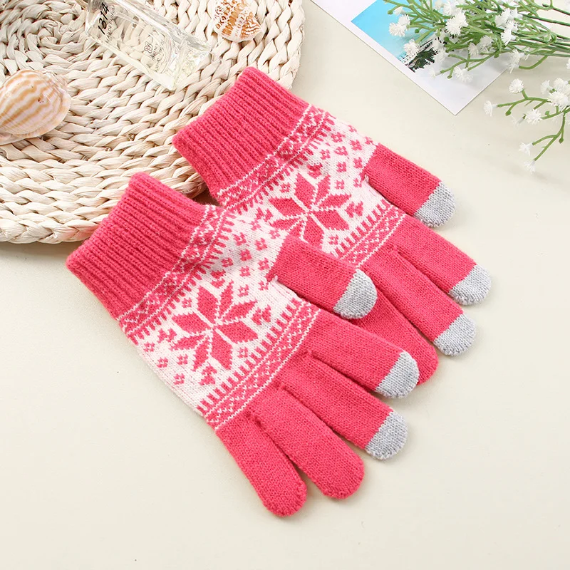 Creative Fashion Snowflake Printing Gloves Mobile Phone Touch Screen Knitted Gloves Winter Thick & Warm Adult Gloves Men Women