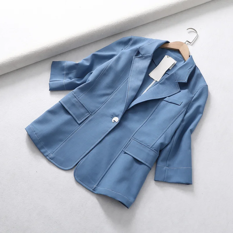 

T816 2019 Summer New Style Simple Able Series Line Blue Waist Hugging Slim Fit Commuting Suit One-Button Tops
