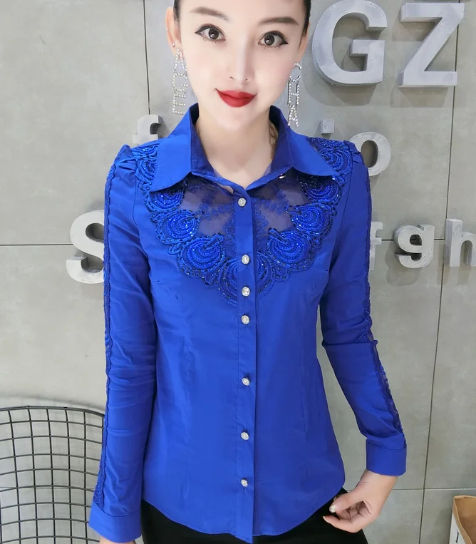 Dingaozlz элегантная кружевная женская блузка с вышивкой, белая рубашка, тонкая женская блузка с вышивкой - Цвет: blue