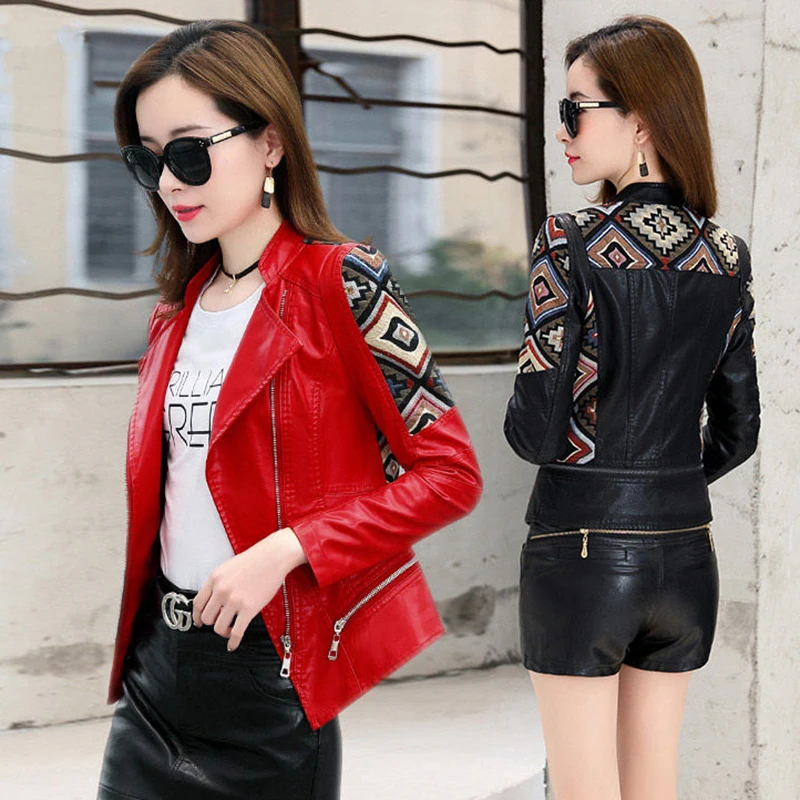 

2019 new spring and autumn Leather women coat short red motorcycle ladies leather jacket women clothing female outerwear fashion