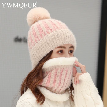 

Winter Imitation Mink stripe Women's Hat Scarf Sets Female Beanies Caps With Artificial Fox Fur Pompom Thick Warm Lady Hats
