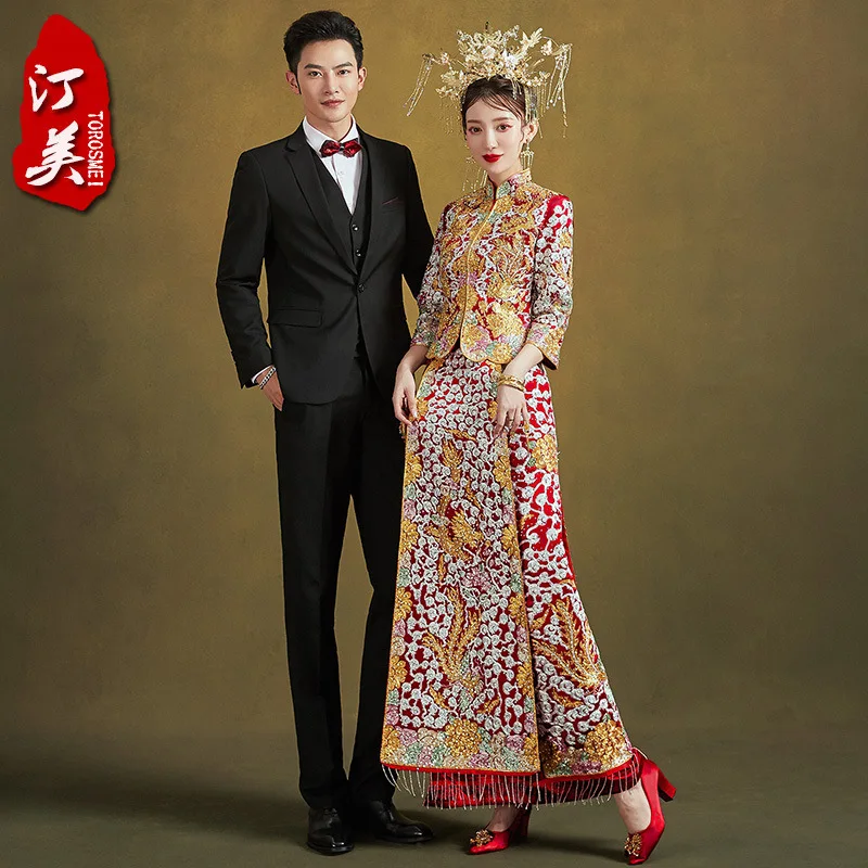 Chinese Vintage Phoenix Embroidery Qipao Bride Banquet Costume Classic Wedding Dress Cheongsam костюм для восточных