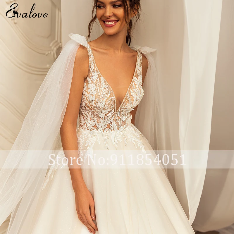 blue wedding dress EVALOVE Sexy V-Neck Tank Sleeve Bride A-Line Wedding Dresses Luxury Flowers Beading Appliques Court Train Princess Bridal Gown tea length wedding dress