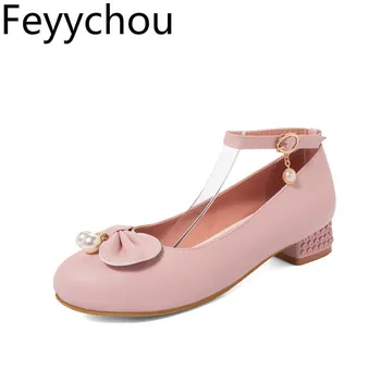 

Women's Pumps Low Heels Spring Autumn Pu Round Toe Pearl Buckle Butterfly-knot 2019 New Sexy Fashion Casual Pink Size 34-46