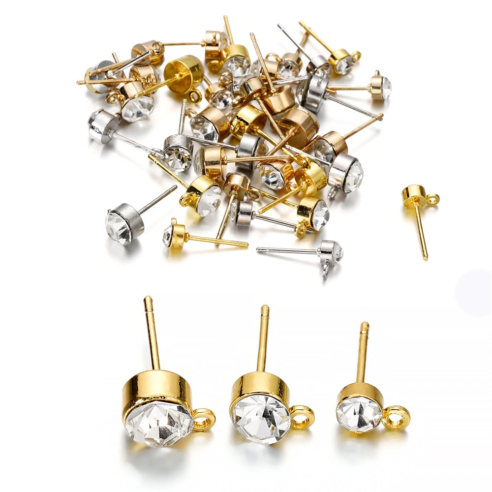 50 unids/lote 4 5 6 mm pendientes de diamantes de imitación transparentes postes pendientes con bucle apto para pendientes DIY suministros de joyería Accesorios