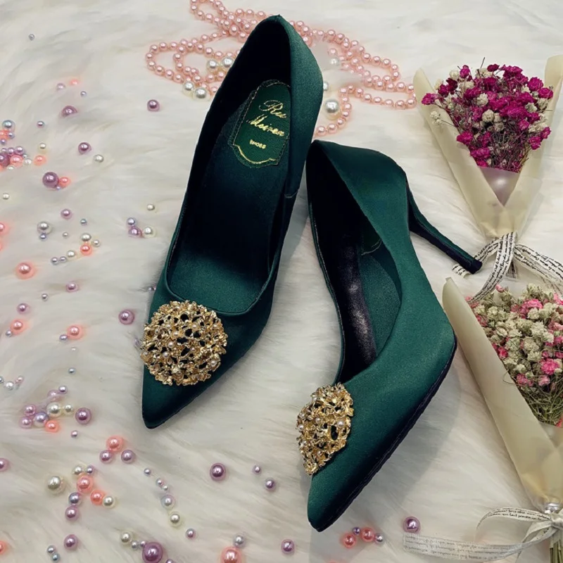 

Spring pointed shallow mouth pearl metal buckle stiletto silk bridal wedding shoes banquet dress all-match women's shoes