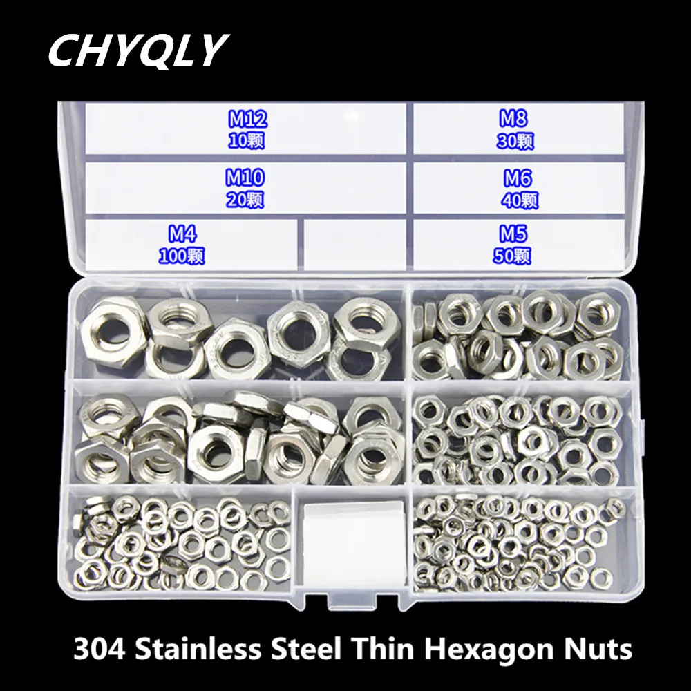 250pcs/Set 304 Stainless Steel Thin Hexagon Hex Hesd Nuts M4 M5 M6 M8 M10 M12 Screw