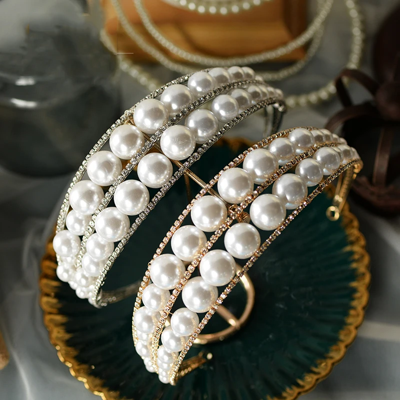 

NiuShuya European Big Round Pearls Brides Crystal Tiaras Crowns Bridal Headpieces Evening Hair Jewelry