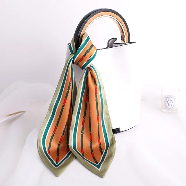 Sweet Love Print Women Small Silk Scarf Handle Bag Ribbons Female Head Scarves Sharp angle Green 90*10cm 60