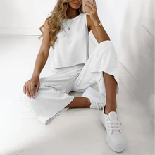 Women's Tracksuits Cotton Linen Sleeveless Tops and Wide Leg Long Pants Sets Female 2021 Summer Casual 2 Pieces Set Ladies Suits