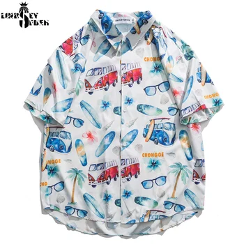 

Lindsey Seader 2020 Hip Hop Shirt Streetwear Glasses Bus Print Men Hawaiian Shirt Loose Harajuku Summer Beach Shirt Short Sleeve