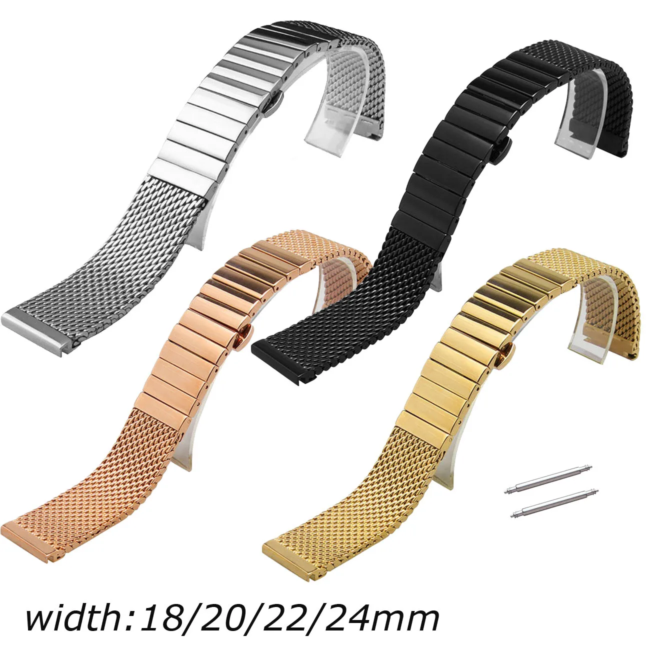 Solid Stainless Steel ML Butterfly Buckle Watch Band Single Link Straps 18mm 20mm 22mm 24mm w Pins | Наручные часы