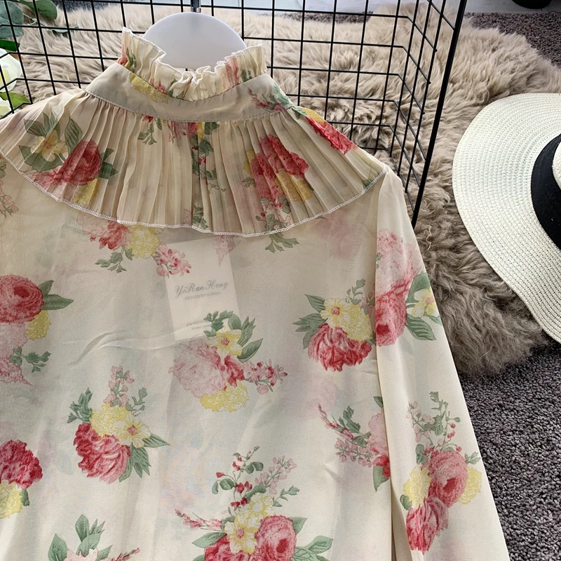 Neploe, женская шифоновая блузка, плиссированная, с оборками, из кусков, Blusas, топ, новинка, Корейская, расклешенная, с длинным рукавом, с цветочным принтом, рубашка 55846
