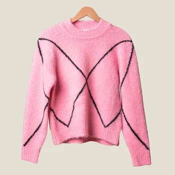

Autumn winter Pink mohair knitted sweater O-neck line loose long-sleeved knitwear pullover top