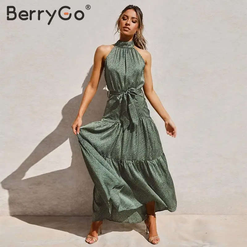 Женское платье без рукавов BerryGo винтажное Зеленое Длинное с поясом и принтом