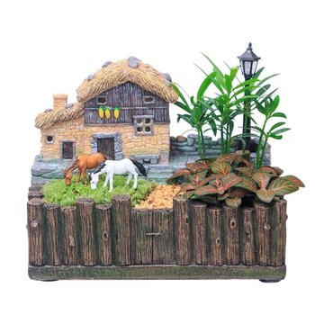 

Resin Grass House Flower Bed Succulent Plant Pots Decorative Planter Bonsai Box With Light - Grasse Cabin Flower Pot