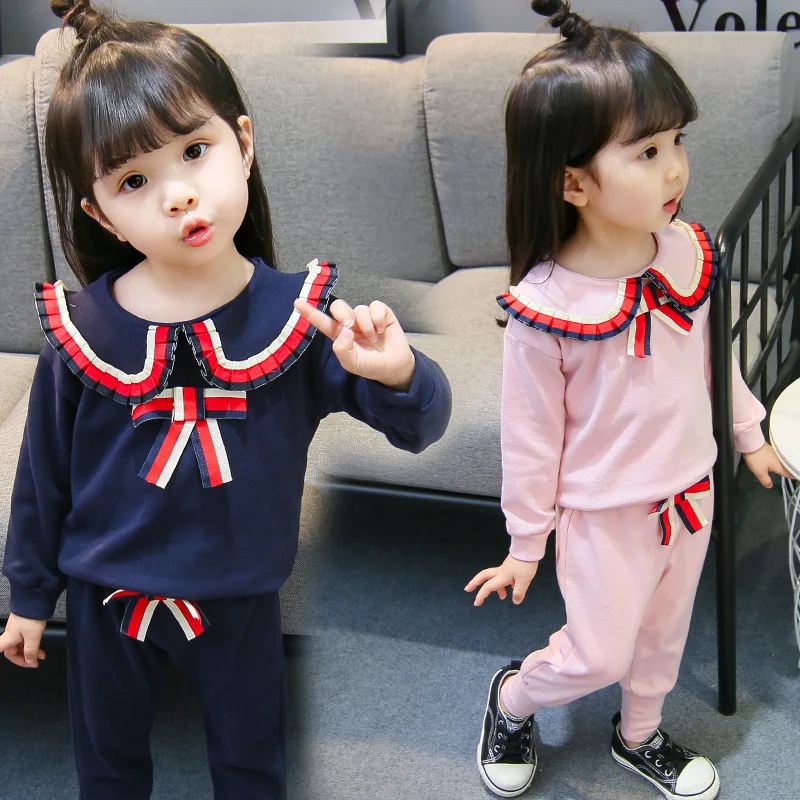 

2019 Autumn Girls Navy Style Fold-down Collar Set 1-6-Year-Old Western Style Baby Casual Two-Piece Set