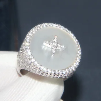 

France Brand 925 Sterling Silver Cubic Zirconia Star Round Badge Ring with Mother of Pearl Women Jewelry bagues pour femme