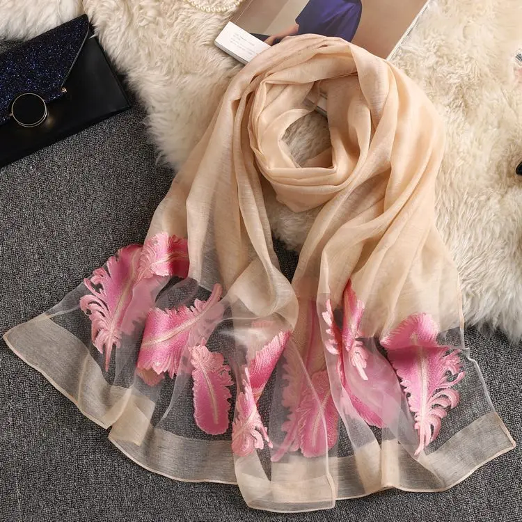 Camel Scarf Осень Femme шелковый шарф Женский вышитый перьевой солнцезащитный пляжный Длинный мягкий шарф Женская шаль вуаль - Цвет: Camel Scarf