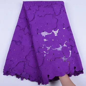 

New Fashion Nigerian Water Soluble Cord Lace Fabrics Purple African Hollow Out Guipure Cord Lace With Stones For Dress Sew F1696