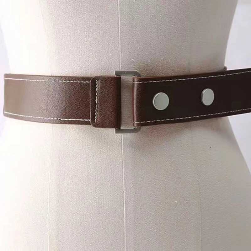 

New Fashion Elastic For Men And Women Seamless Lazy Pants Leather Belt All-Match Jeans Rivet Buckle Accessories Brown Waistband