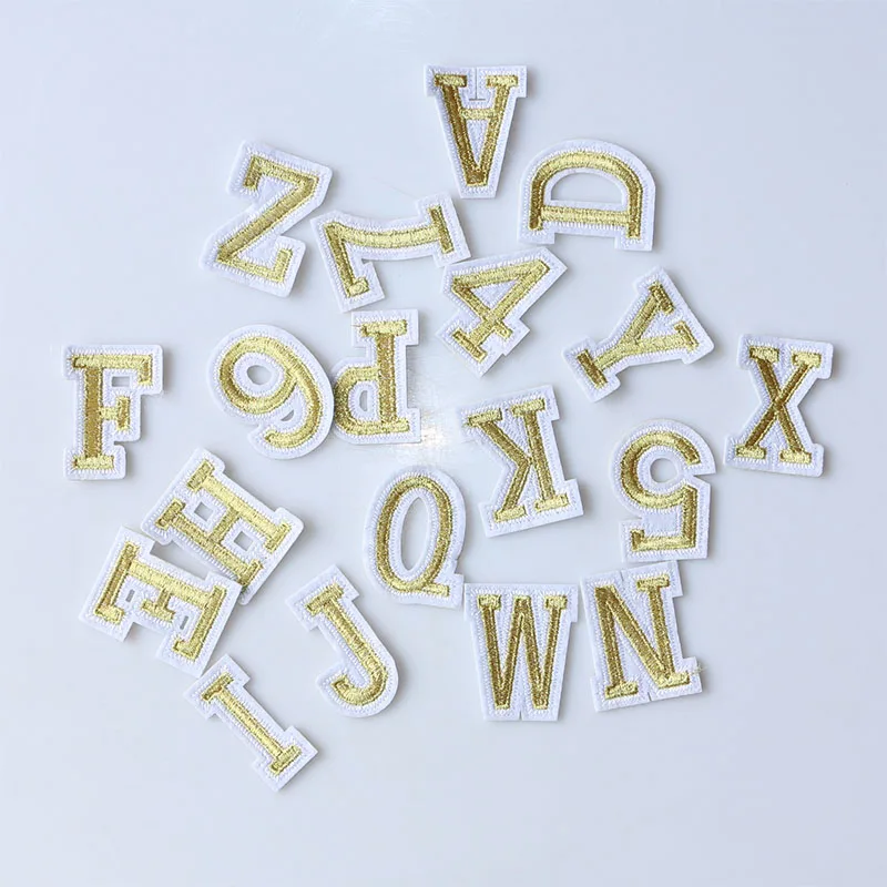 

Golden single English letter icon Embroidered Iron on Patches for Clothing DIY Stripes Clothes Patchwork Stickers Custom Badges