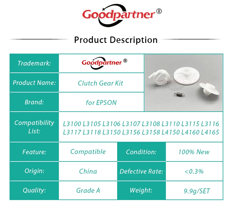 10X CLUTCH GEAR KIT for EPSON L3100 L3101 L3110 L3115 L3116 L3150 L3151 L3156 L3158 L3160 L4150 L4160 L4165 L5190 L6178 L6198 paper pickup roller