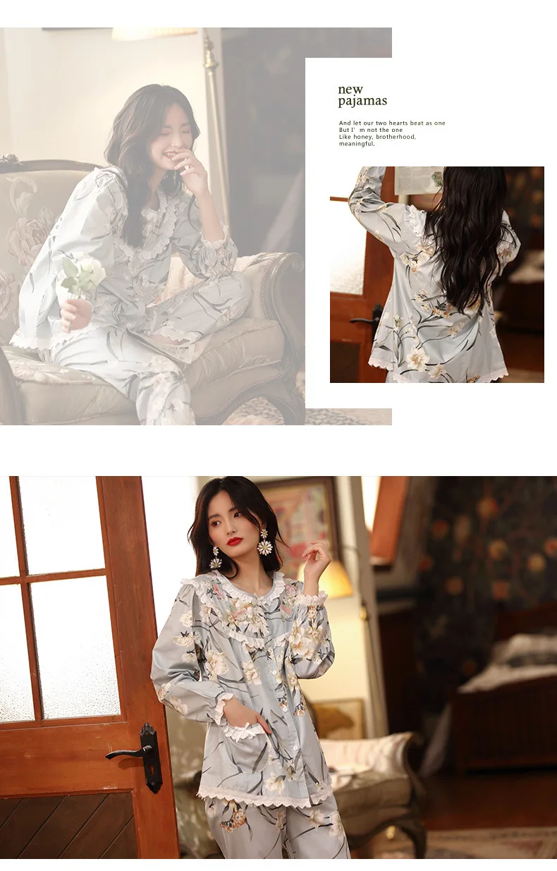 Весенняя Корейская пижама с длинными рукавами из хлопка; одежда для сна с цветочным принтом; большие размеры; одежда для дома с отложным воротником