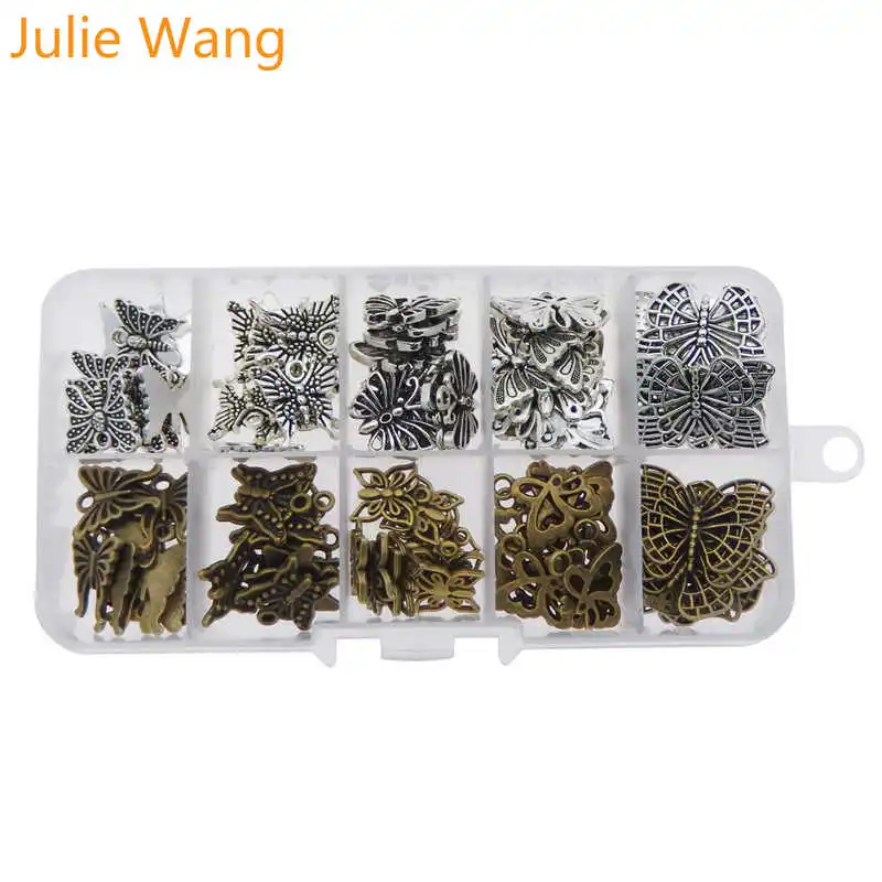 Julie Wang 100 шт./кор. смешанные талисманы бабочки сплав насекомых античный бронзовый серебристый ожерелье браслет ювелирных изделий Аксессуар