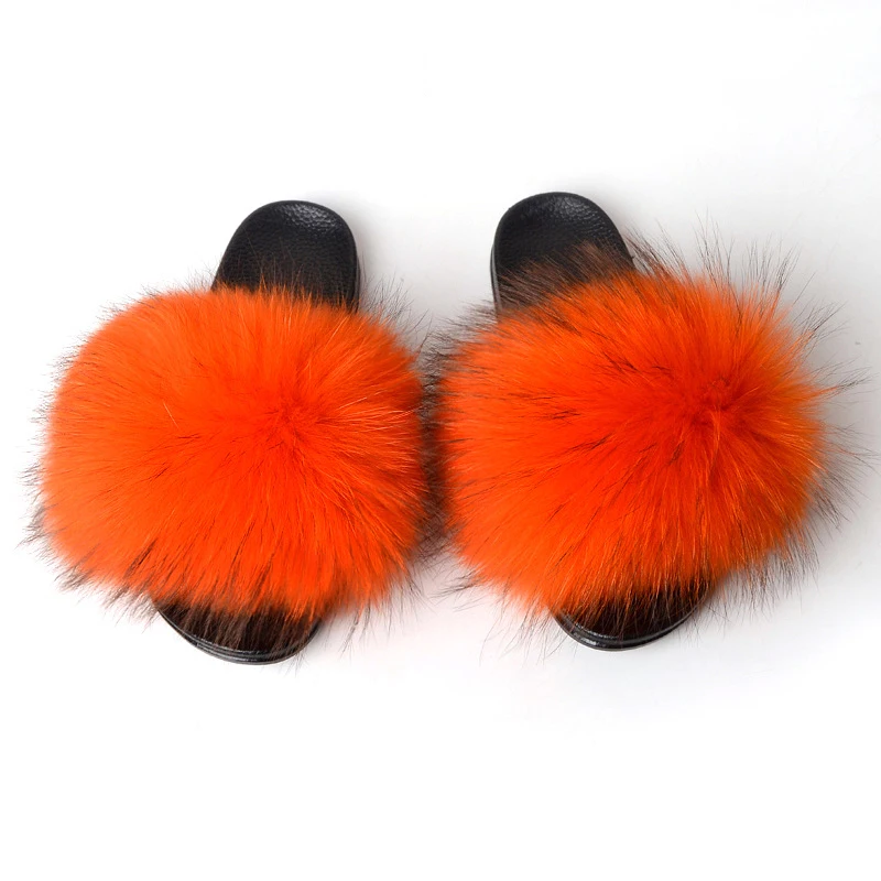 Пушистые шлепанцы с натуральным лисьим мехом; женские меховые тапочки; зимние меховые сандалии на плоской подошве; домашние тапочки; женская плюшевая обувь; пушистые вьетнамки - Цвет: Orange