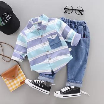

2020 autumn new children's clothing boys Korean tide striped shirt jeans two-piece baby suit autumn