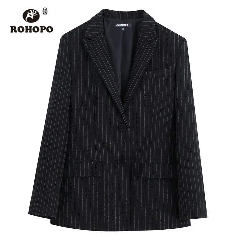 

ROHOPO Silver Thin Vertical Striped Black Blazer Autumn Ladies Chic Notched Single Buttons Slim Outwear #9566