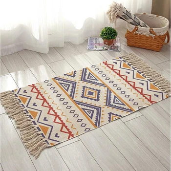 

Luxurious Cotton and Linen Rugs Geometric Print Tassel Braided Mats Bohemian Living Room Bedroom Bedside Rectangle Anti-slip Rug