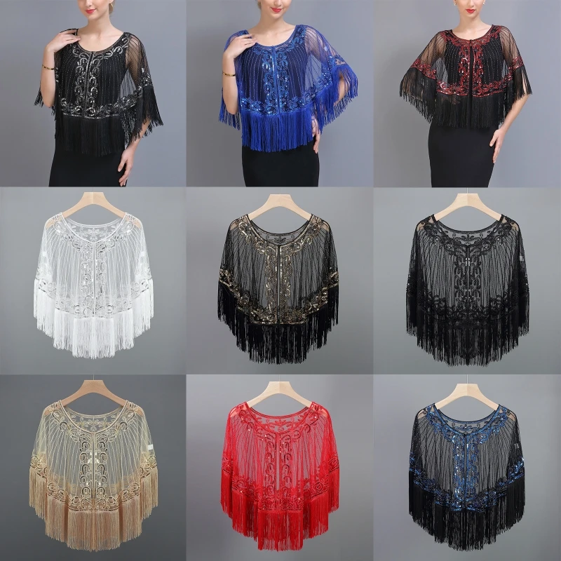 

Women Net Yarn Dense Tassel Hem Shawl Latin Dancing Belly Dance Sequin Cape Stage Performance Party Club Show Costume