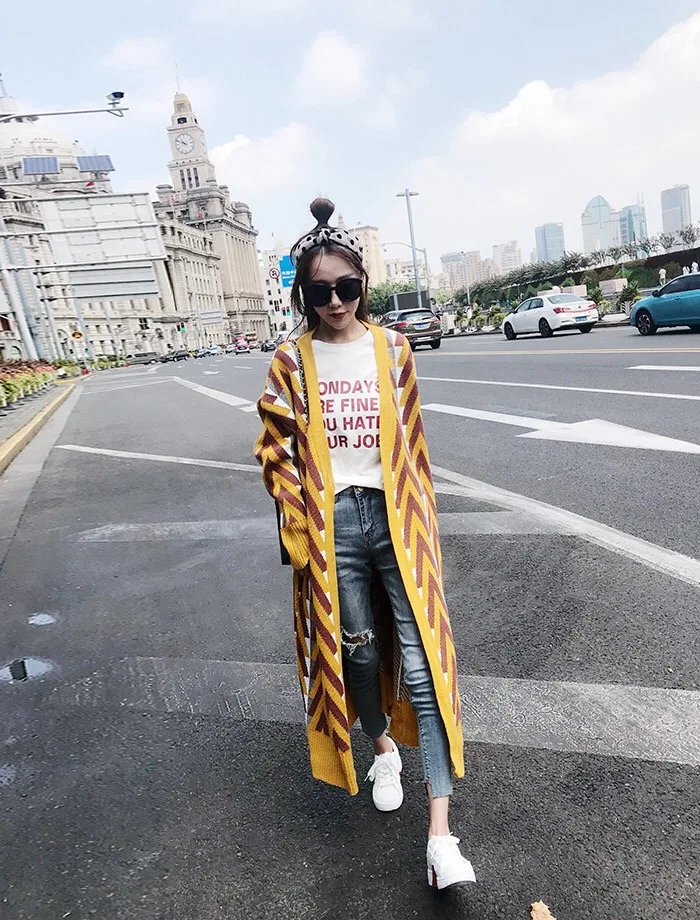 Женский длинный свитер, кардиганы, Осень-зима, длинный свитер, куртка, геометрический рисунок, вязаный кардиган, длинное пальто, зимнее пальто для женщин